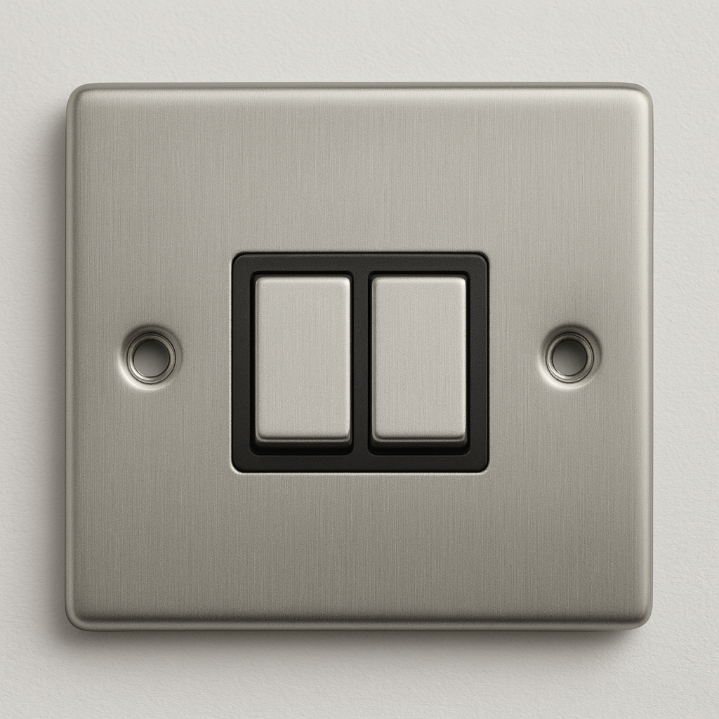 Satin chrome 2 gang 2 way light switch with black insert, modern round corner finish from the Claddagh Collection.