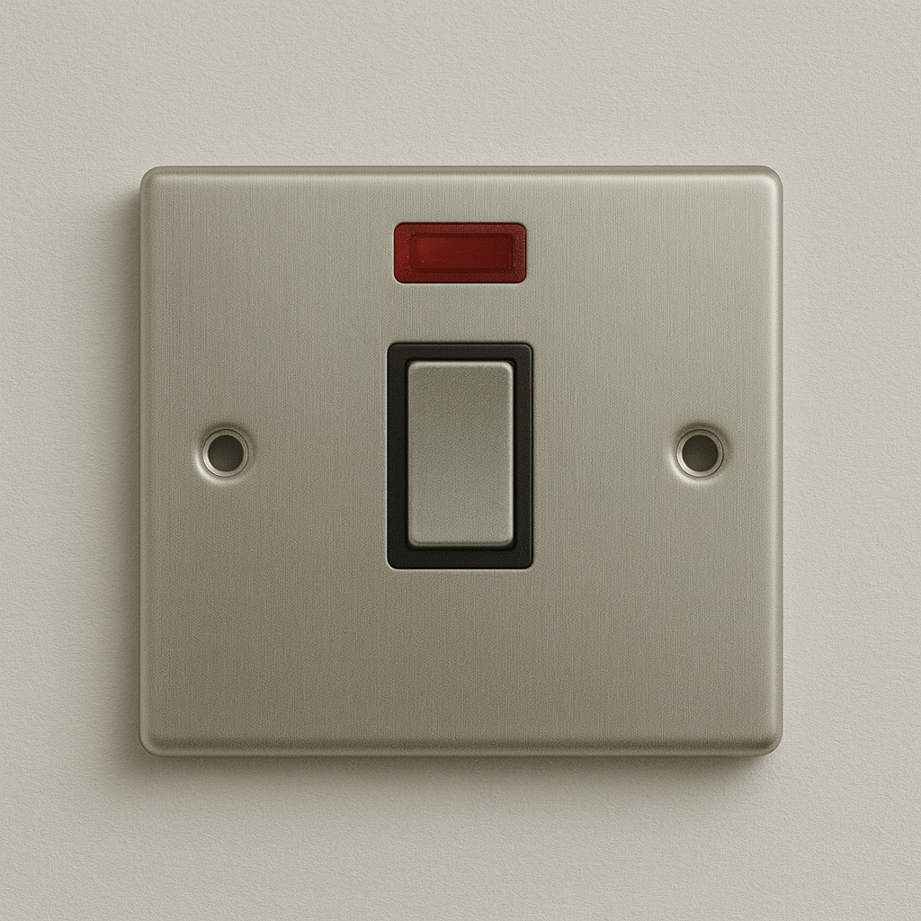 Satin chrome 20A double pole switch with red neon indicator and black insert, Claddagh Collection round corner design