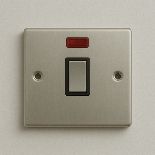 Satin chrome 20A double pole switch with red neon indicator and black insert, Claddagh Collection round corner design