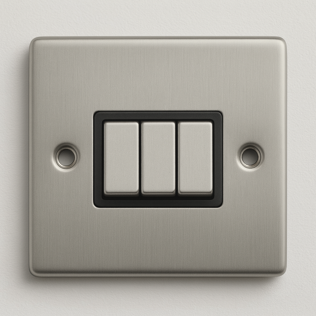 Satin chrome 3 gang 2 way light switch with black insert, stylish round corner plate, Claddagh Collection.