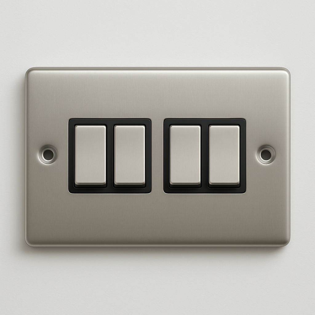 Satin chrome 4 gang 2 way light switch with black insert, round corner design with central spacing, Claddagh Collection.