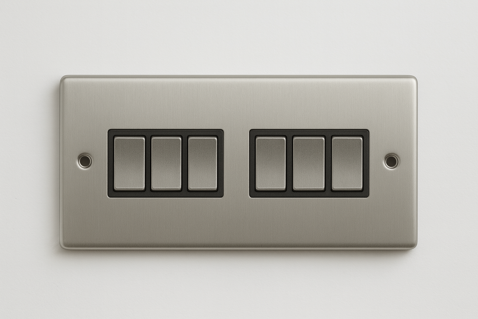 Satin chrome 6 gang 2 way light switch with black insert, grouped triple switches with central gap, Claddagh Collection round corner style.
