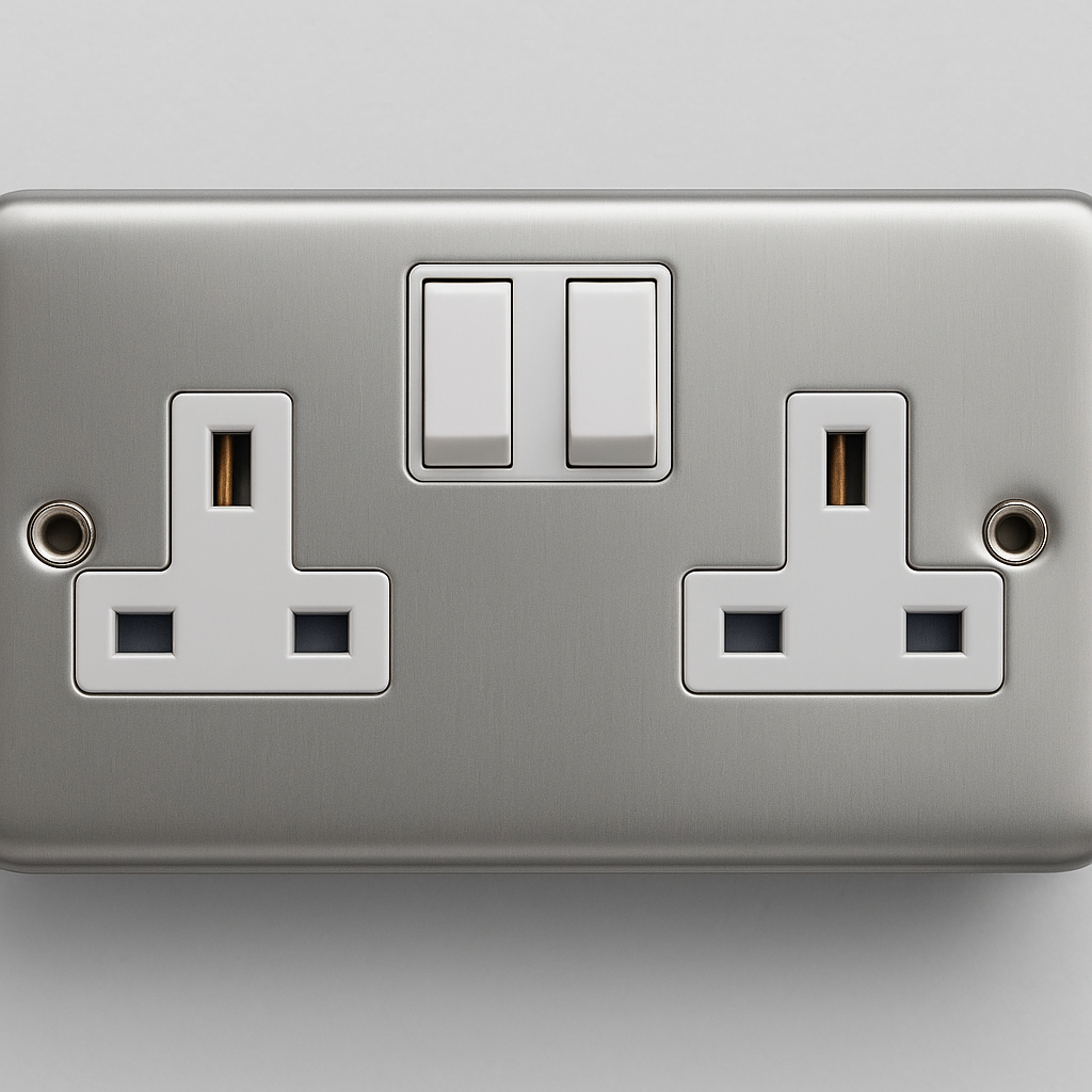 Close-up of Claddagh Range Y410M 13A 2-Gang Double Pole Switched Socket with durable metal clad finish.
