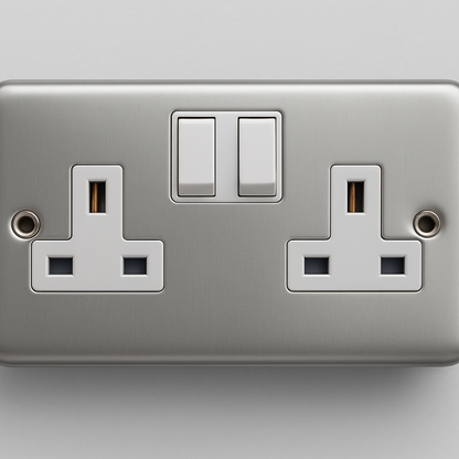 Close-up of Claddagh Range Y410M 13A 2-Gang Double Pole Switched Socket with durable metal clad finish.