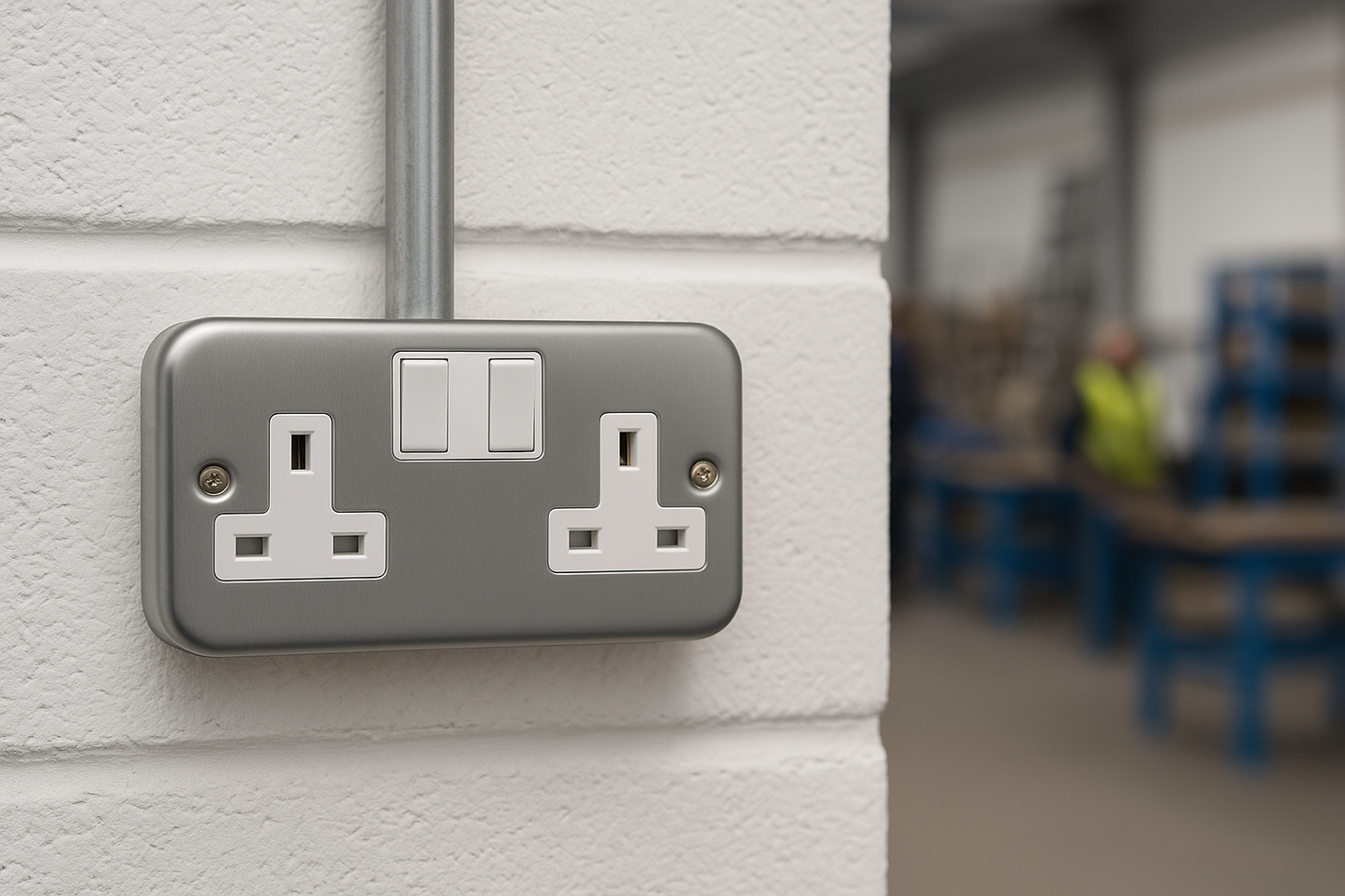 Claddagh Range Y410M 13A 2-Gang Double Pole Metal Clad Socket installed in a commercial workshop setting with conduit wiring.
