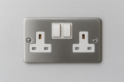 Claddagh Range Y410M 13A 2-Gang Double Pole Metal Clad Switched Socket mounted on wall – front view