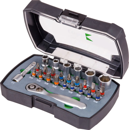 Cobit 26-piece 1/4-inch bit and socket set with fine-tooth palm ratchet, extension and color-coded bits in a compact hinged case.