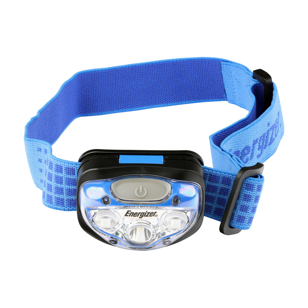 Blue Energizer Vision LED headlamp with adjustable elastic strap, angled view; AAA-powered with top power button.