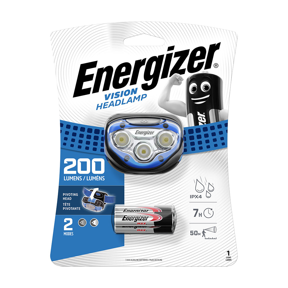Energizer Vision LED headlamp, 200 lumens, blue—front retail pack showing IPX4 rating, 7-hour runtime, 50 m beam and 2 modes.