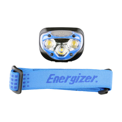 Energizer Vision 200-lumen headlamp and separate blue headband laid flat, compact three-LED design.