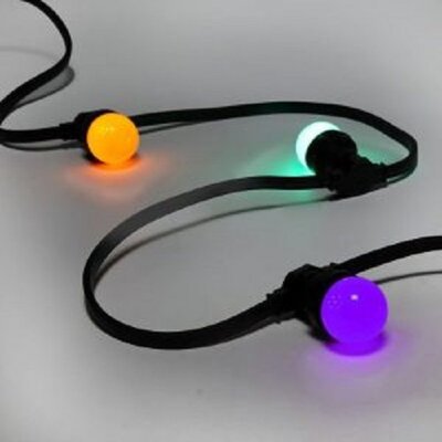 Evolamp 50 metre festoon harness on black cable, shown with coloured lamps fitted, lamps sold separately