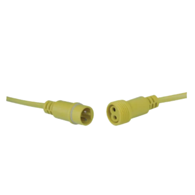 Yellow male and female waterproof connectors that link two Evolec 110V site lighting harnesses end to end