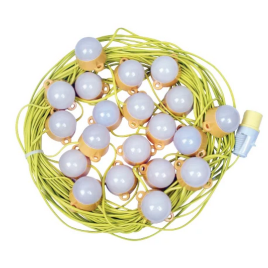 Evolec 50 metre 110V LED site lighting harness coiled, with 20 frosted LED heads and a yellow 16A site plug