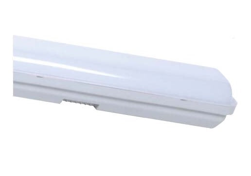 Close-up of EVOLEC 57W LED Twin Corrosion Proof light fitting, 1528mm slim design with durable polycarbonate housing.