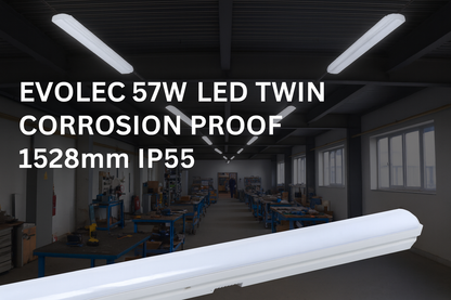 EVOLEC 57W LED Twin Corrosion Proof lights installed in a warehouse ceiling, providing bright and efficient IP65 lighting across workstations.