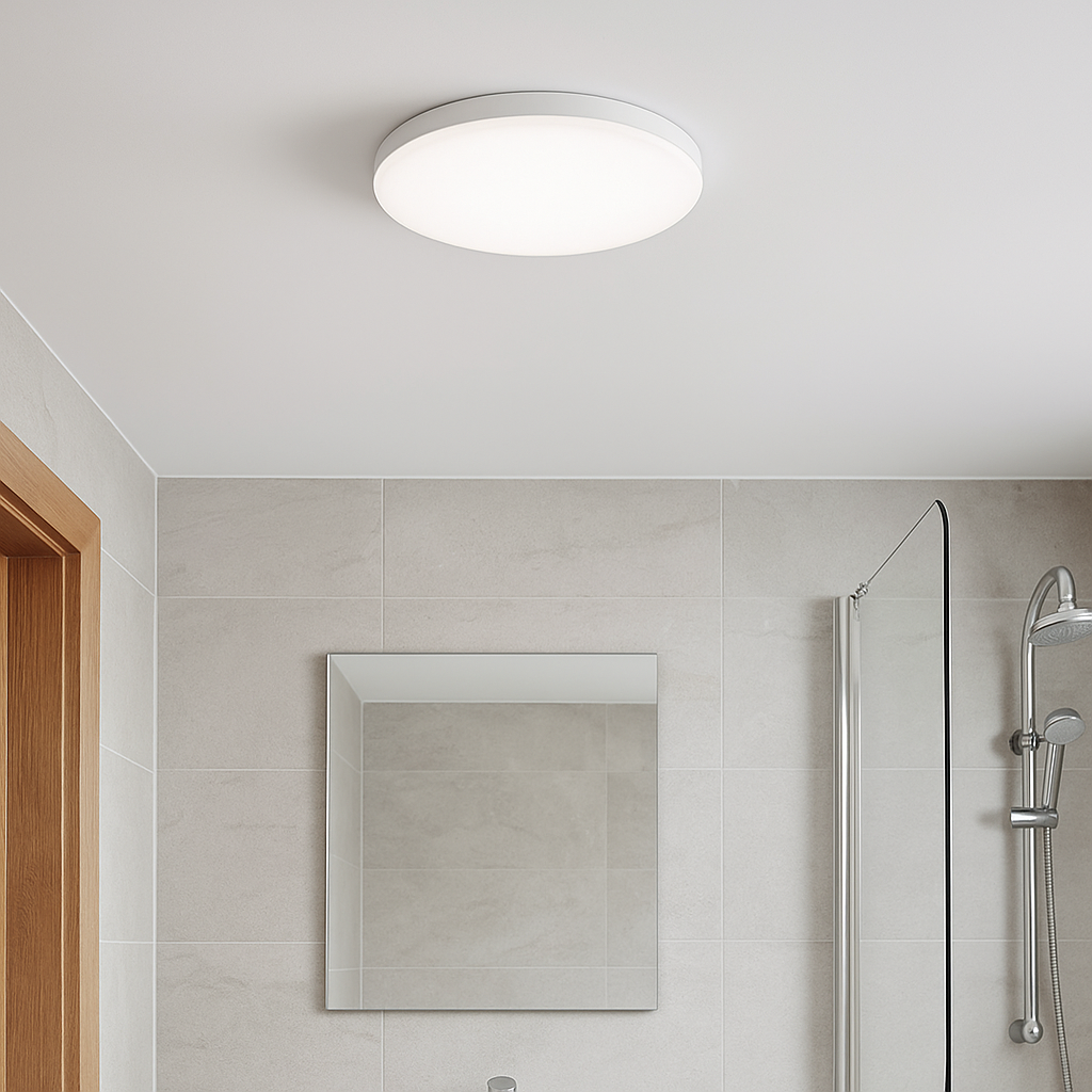 Evolec 18/25W Bathroom LED Luminaire with CCT and dimming, installed on a bathroom ceiling providing bright modern lighting.