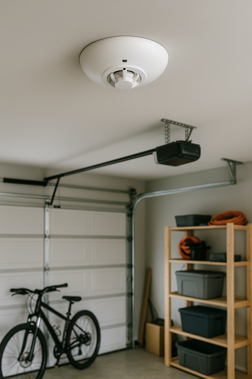 Evolec heat alarm installed on a garage ceiling, providing fire protection in residential spaces.
