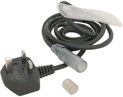 Evolec LED rope light powerfeed, a grey lead with a three pin plug and a rope connector