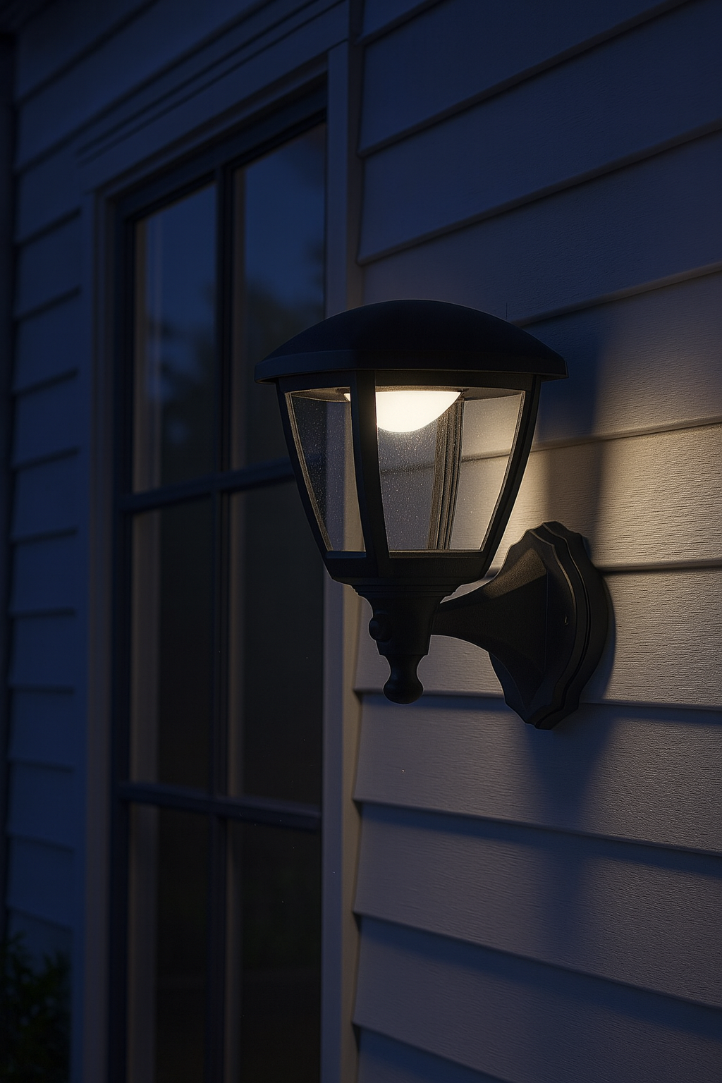 Evolec Nero LED outdoor wall lantern illuminated at night, mounted on a house exterior wall.