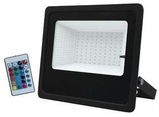 Evolec black LED RGB floodlight on a mounting bracket with its colour remote control