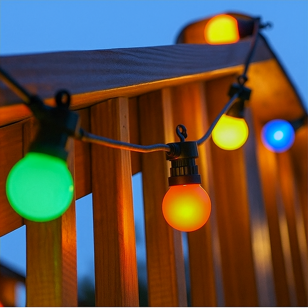 10m multicolour LED festoon lights hanging on a wooden railing outdoors