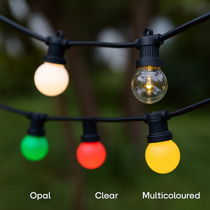 LED festoon lights showing three bulb styles: opal warm white, clear warm white and multicoloured