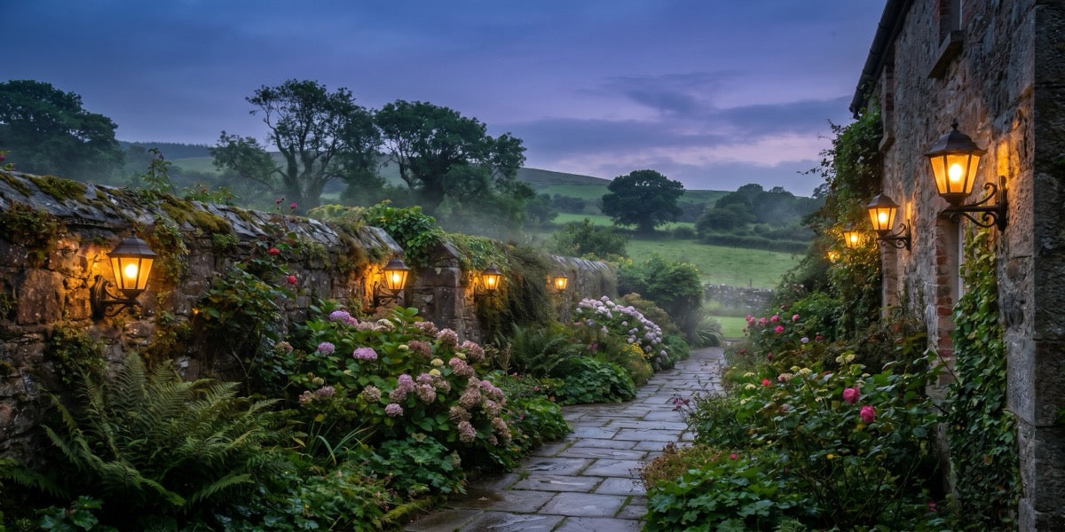 Italian outdoor lanterns in Irish garden at dusk