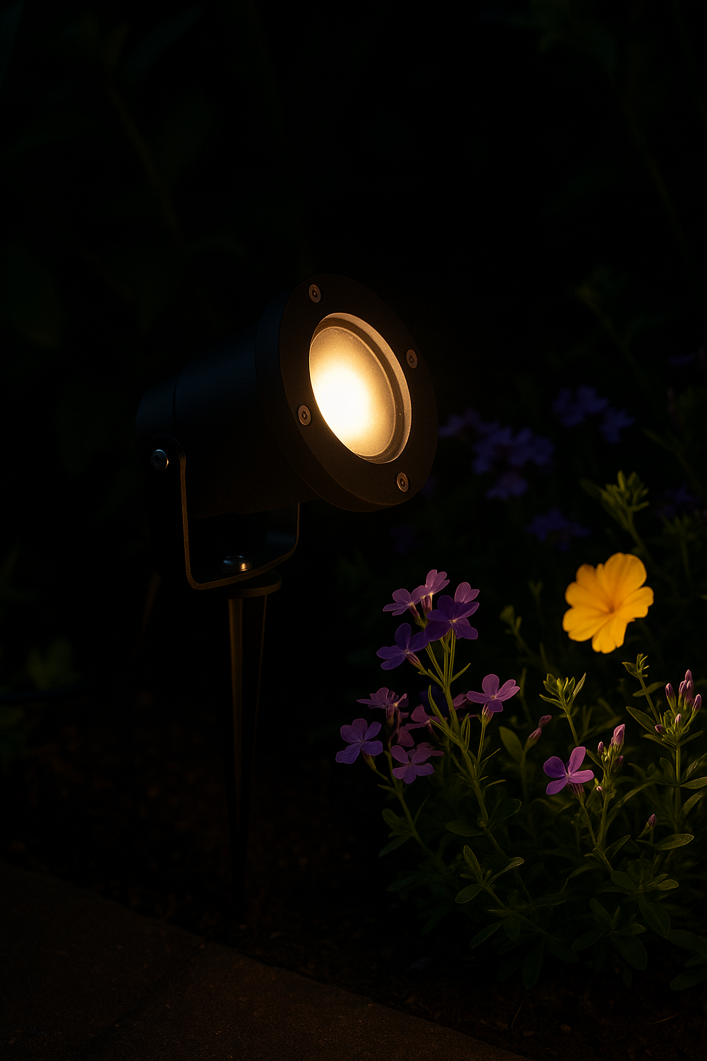 Black GU10 garden spike light illuminating colorful flowers at night, creating a warm and elegant outdoor ambiance.