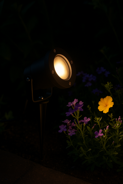 Black GU10 garden spike light illuminating colorful flowers at night, creating a warm and elegant outdoor ambiance.