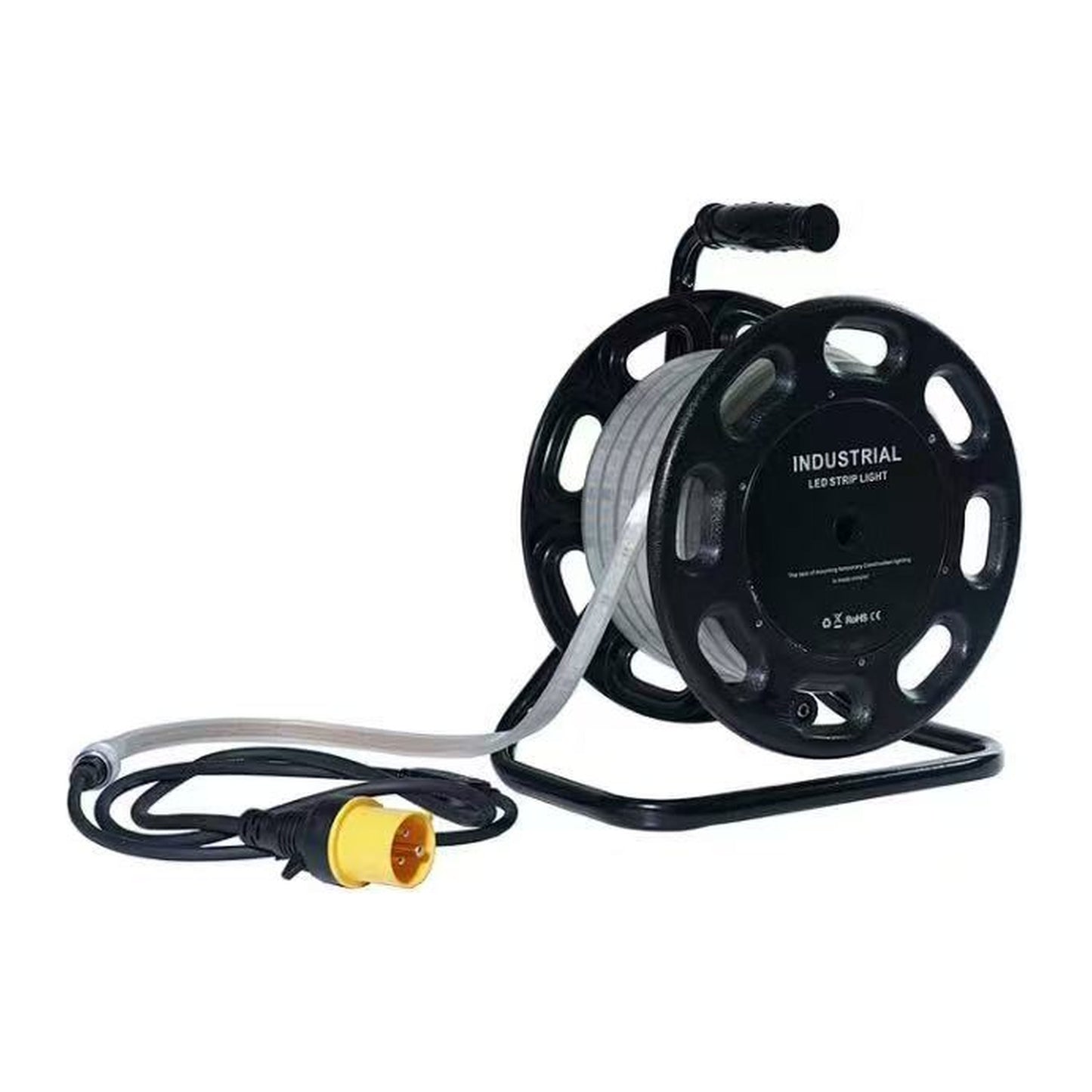 Greenlamp 50 metre 110V LED site lighting reel with the IP65 strip wound on a black steel carry reel and a yellow 16A 110V plug fitted