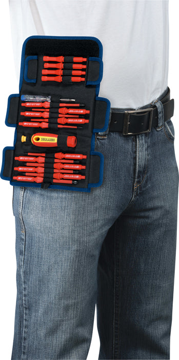 Heytec 18-piece VDE screwdriver set in roll-up wallet with belt loop, worn on technician’s hip.