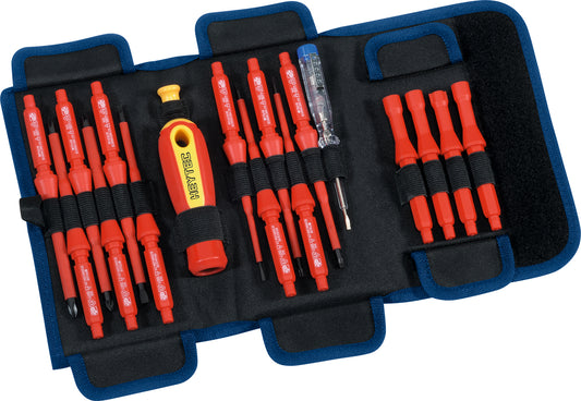 Heytec VDE Electricians Set, 18 pieces—open wallet showing insulated blades, handle and voltage tester.