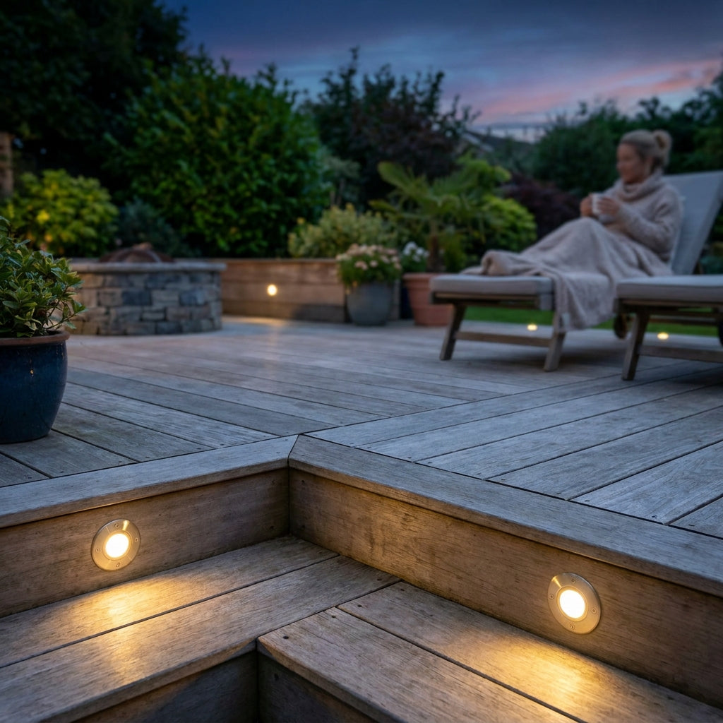LED decking lights glowing warm white in a modern timber garden deck at dusk