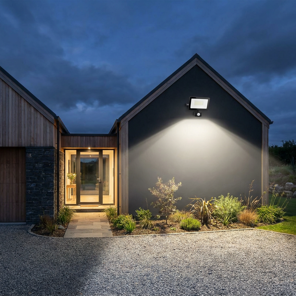 Black LED PIR floodlight lighting a modern Irish house driveway at night