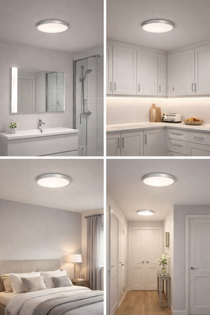 Collage of slim round LED ceiling light installed in bathroom, kitchen, hallway and bedroom, showing soft even room lighting.