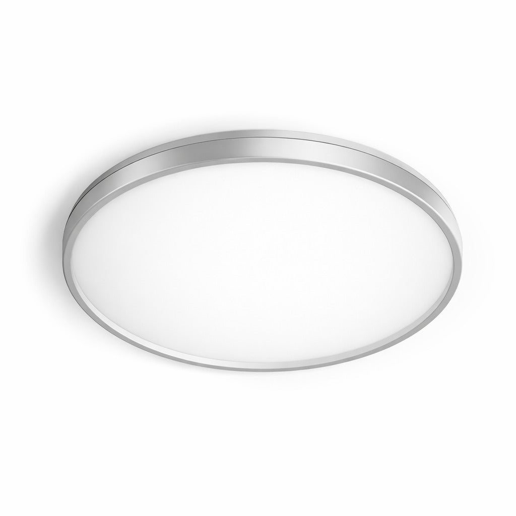 Round ultra-slim IP54 LED ceiling light with frosted diffuser and silver trim, 18W 300mm, CCT tri-colour.