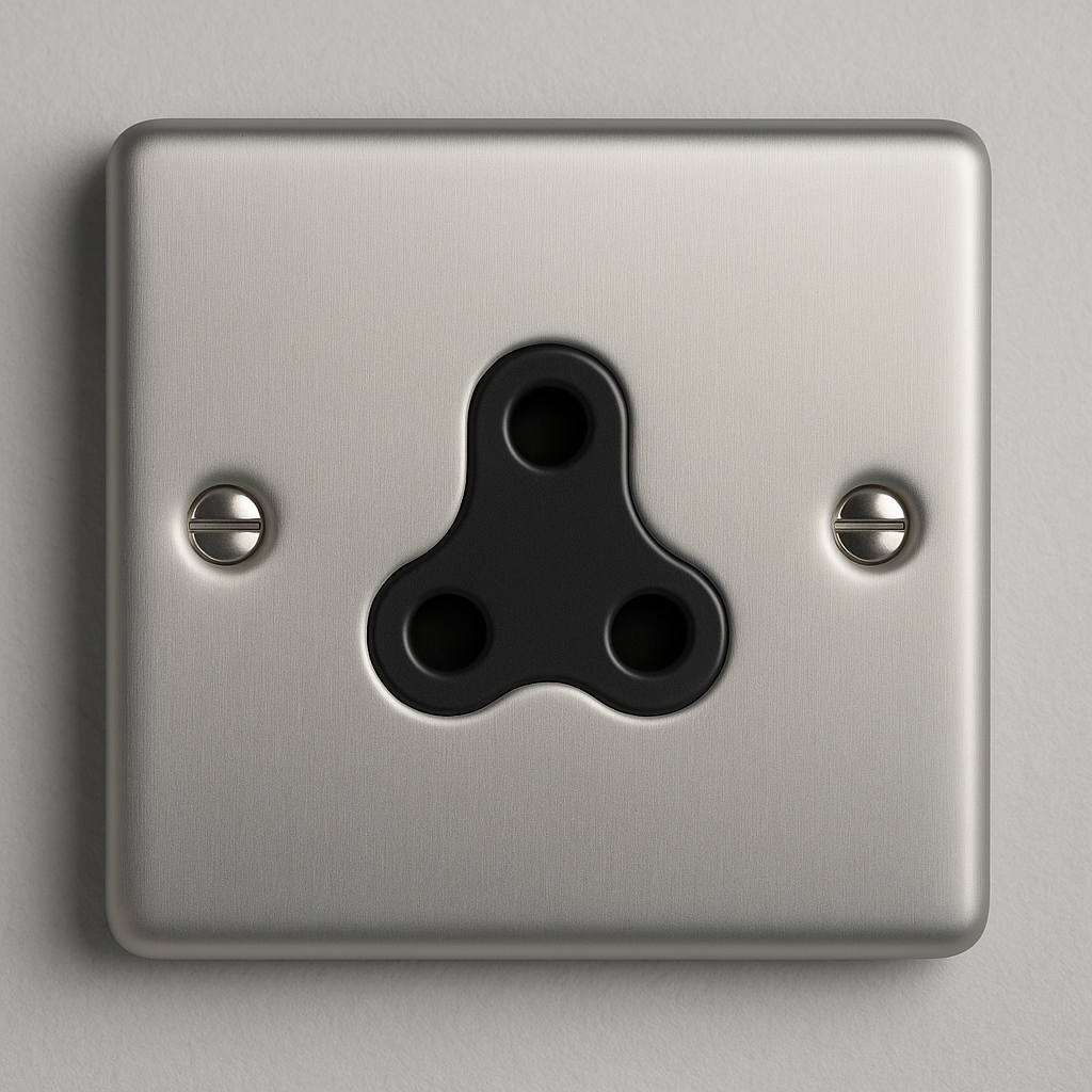 Satin chrome 5A 1 gang 3 round pin unswitched socket with black insert, Claddagh Collection round corner design.