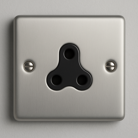 Satin chrome 5A 1 gang 3 round pin unswitched socket with black insert, Claddagh Collection round corner design.