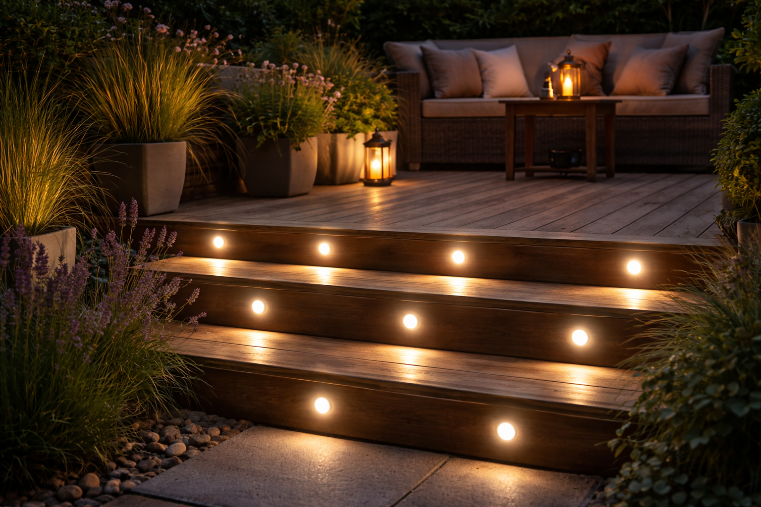 LED decking lights installed in outdoor wooden decking steps at night creating warm ambient garden lighting