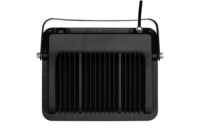 Rear view of a black LED floodlight showing the durable aluminium heat sink housing and mounting bracket.