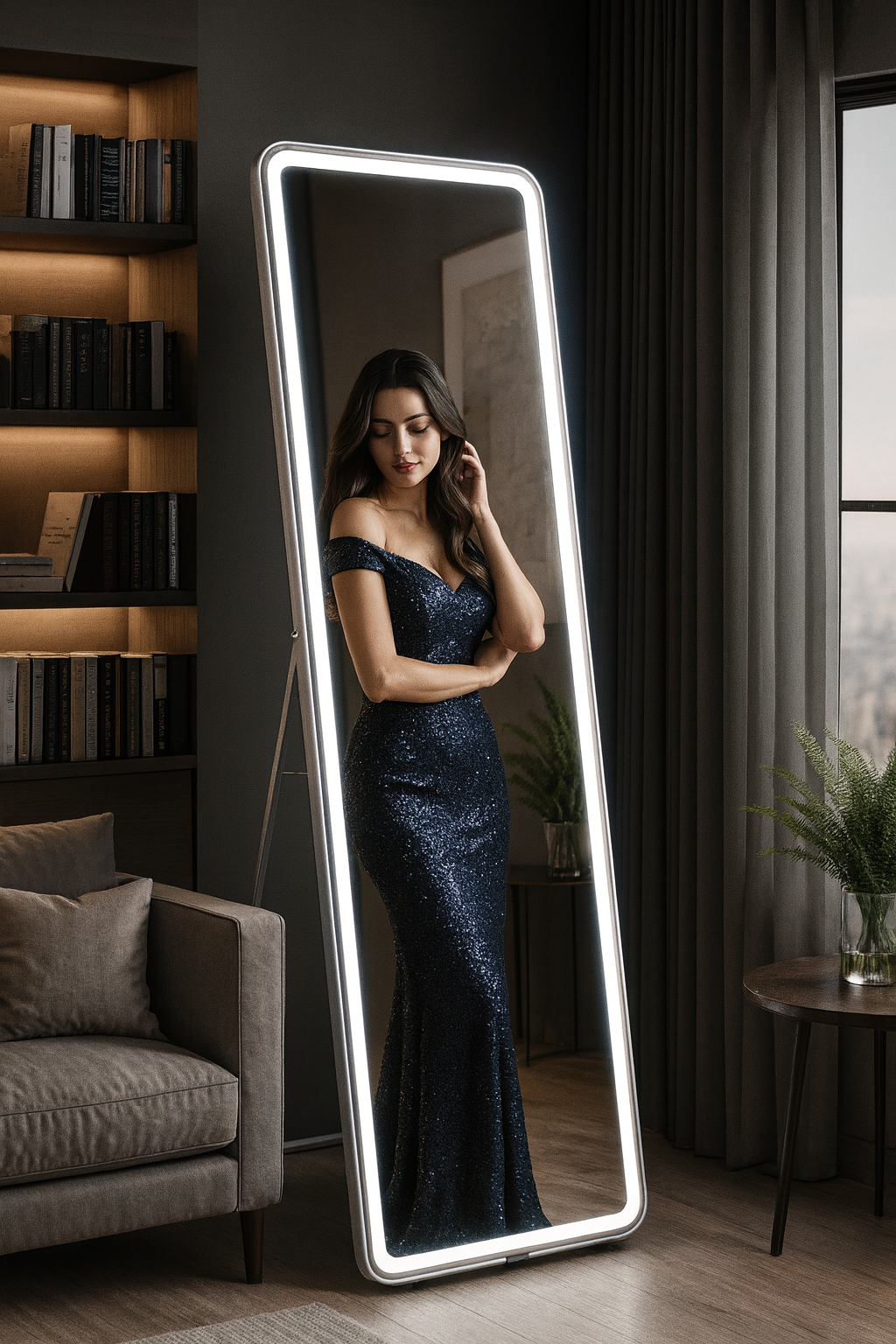 A full-length LED mirror with dimmable lighting standing in a modern bedroom, reflecting a stylish wardrobe and creating a luxurious atmosphere.