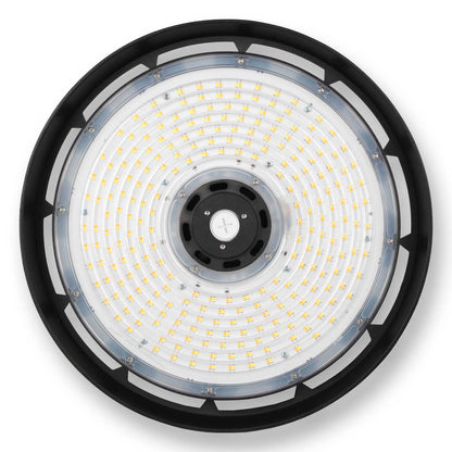 Close-up of LED high bay light showing multiple concentric rows of LED chips for maximum brightness.