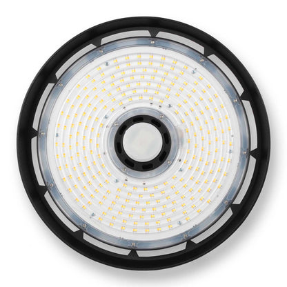 Front view of LED high bay light showing circular LED chip array for powerful and even illumination.