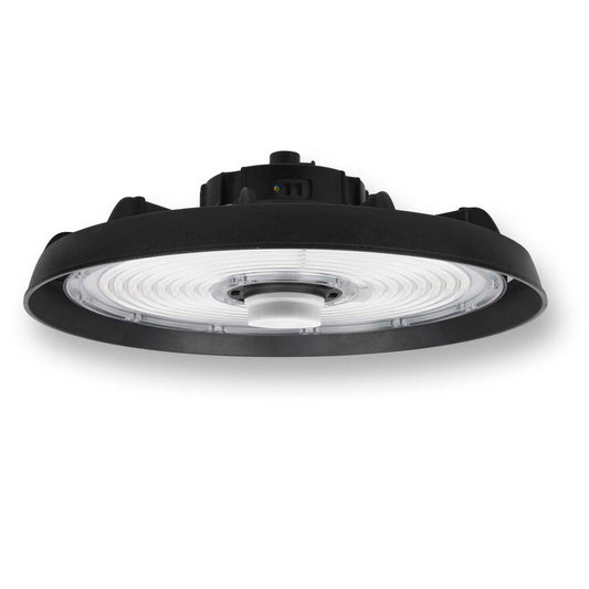 Side view of LED multi-watt high bay light with black housing and clear lens, ideal for warehouses and industrial spaces.