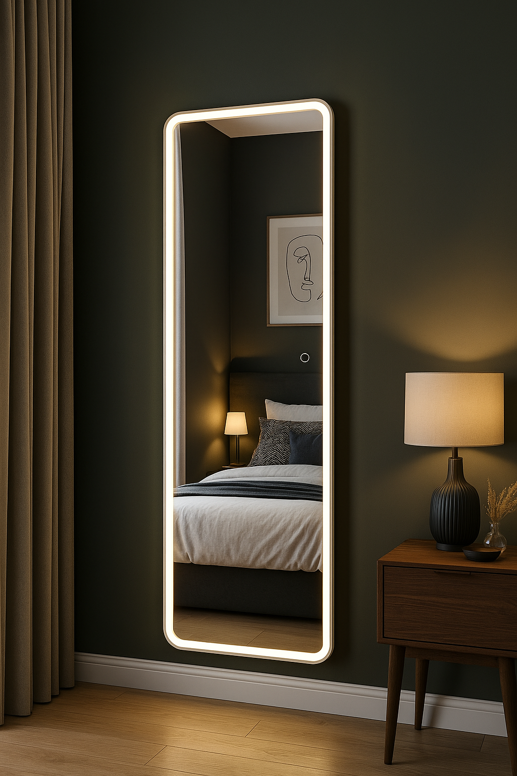 A wall-mounted LED full-length mirror with adjustable lighting, enhancing the look of a contemporary room with a sleek and elegant design