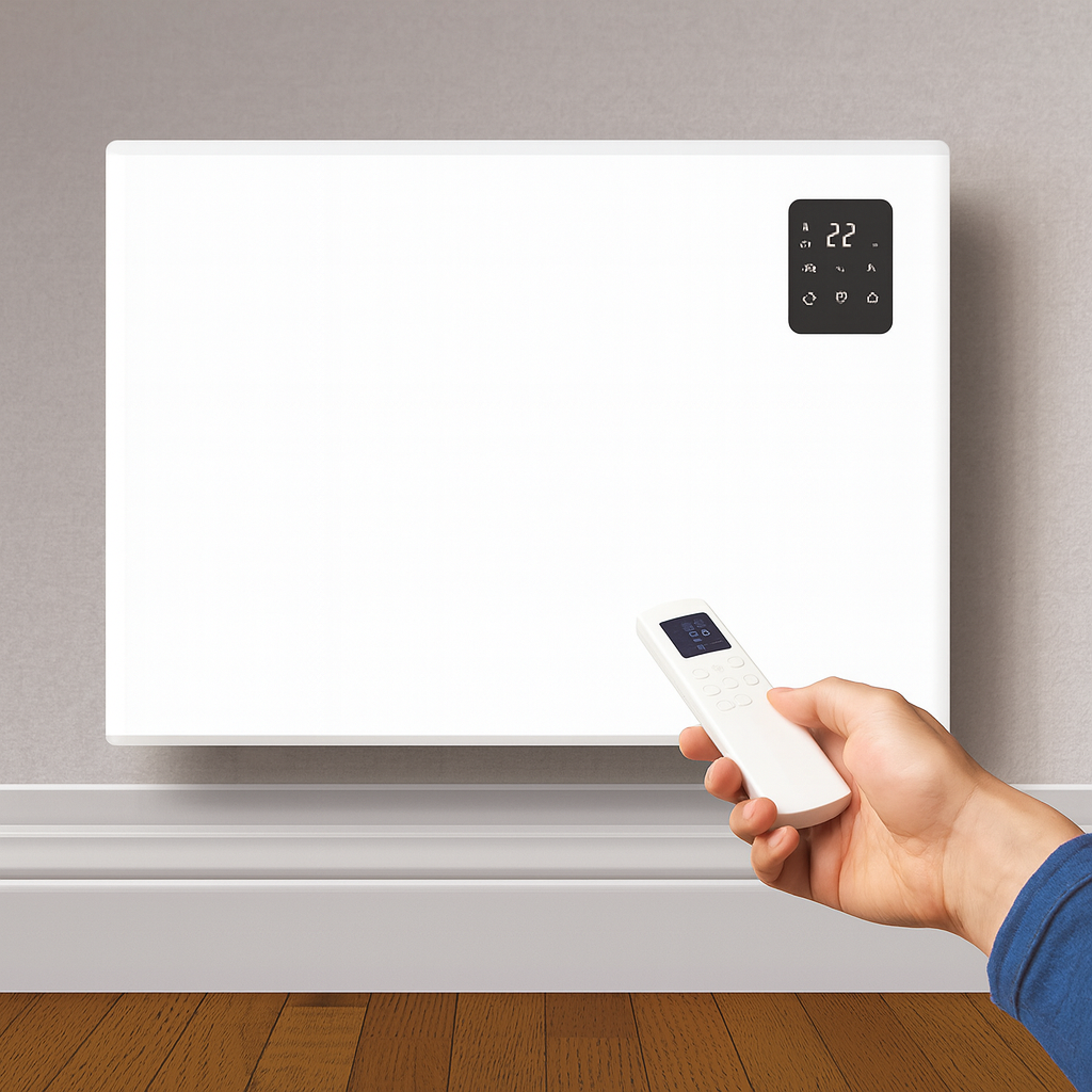 Man using a remote control to adjust the temperature of a white wall-mounted electric panel heater in a modern living room.