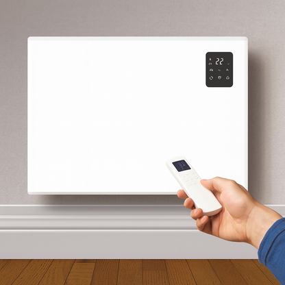 Man using a remote control to adjust the temperature of a white wall-mounted electric panel heater in a modern living room.