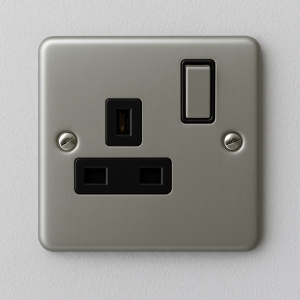1 Gang 13A metal clad double pole switched socket with black inserts and brushed steel finish, heavy-duty design for commercial and industrial use.
