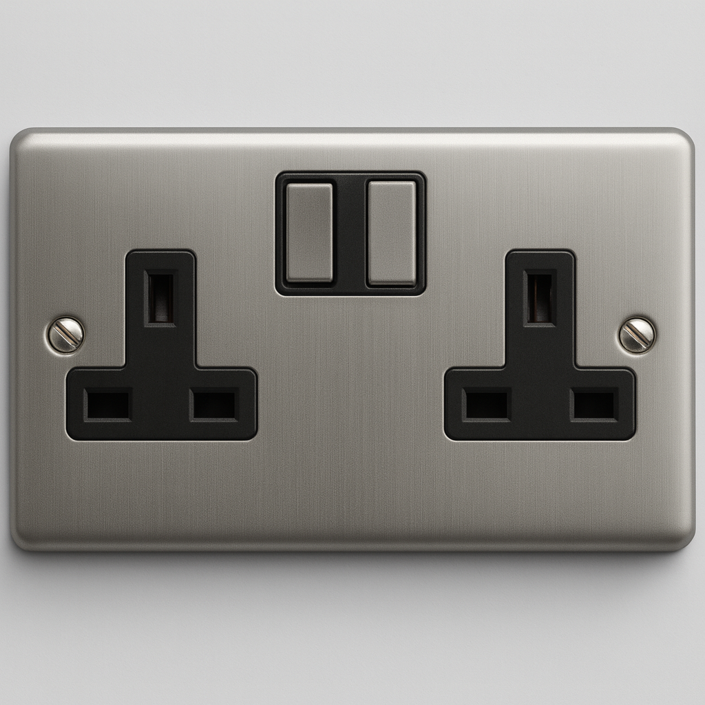 2 Gang 13A metal clad double pole switched socket with black inserts and brushed steel finish, durable double socket for industrial and commercial settings.