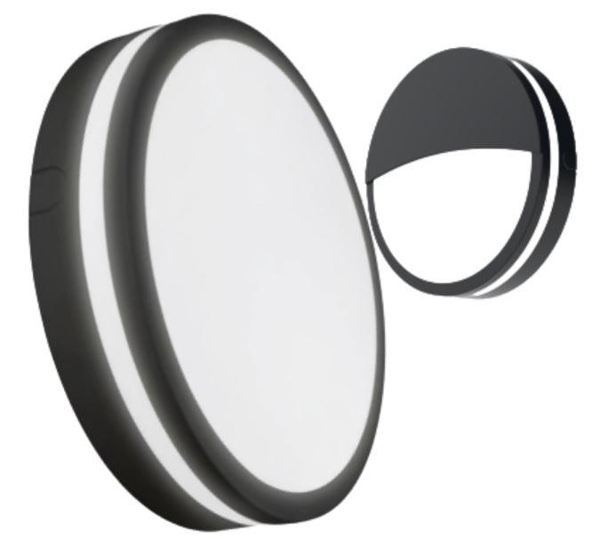 Orion LED CCT multi-watt circular bulkhead light in black with optional eyelid, suitable for indoor and outdoor use